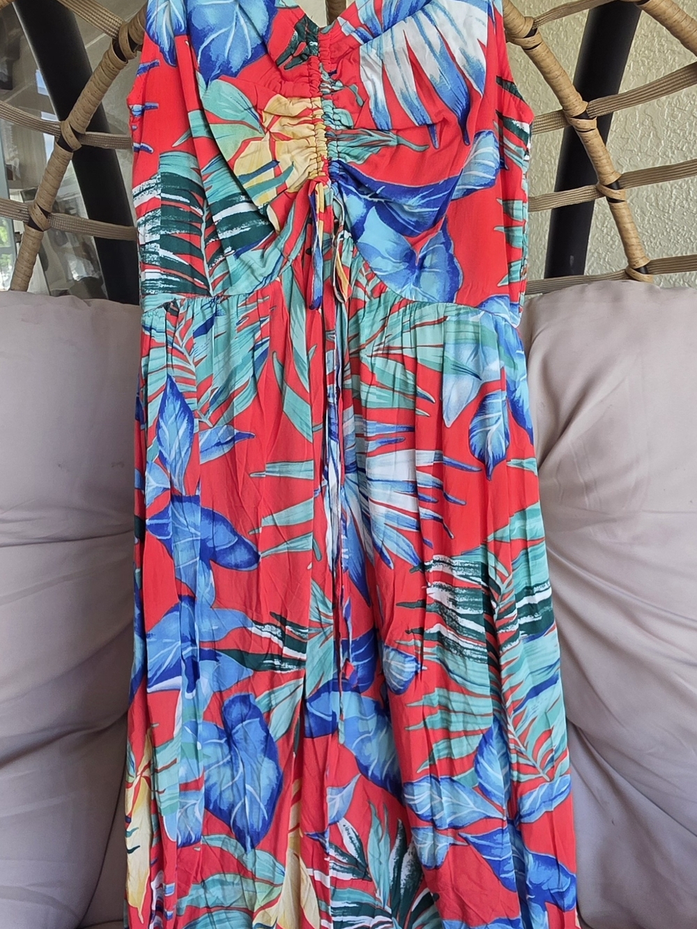 PatPat Red Tropical Print Midi Dress with Blue & Green Leaves